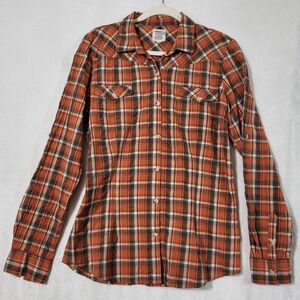 Gramicci Shirt Womens Large Orange Plaid Button Front Long Sleeve Top Cotton